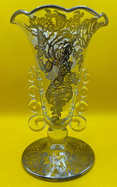 Vintage 1940s Heisey Glass Lariat Crimped Top Vase With Silver Overlay Roses